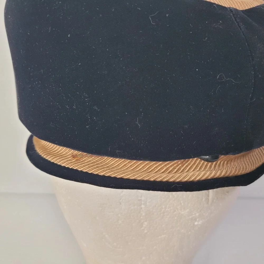 Oleg‎ Cassini Pillbox Hat Womens Black Velvet Gold Grosgrain Bow Vintage